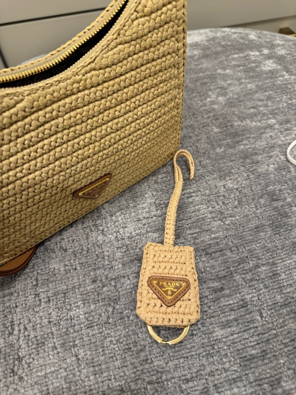 Prada Beige Woven Crochet Shoulder Bag with Brown Leather Strap - Picture 8 of 9